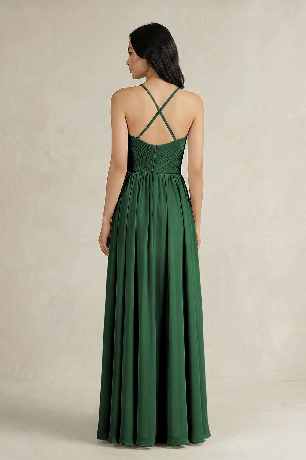 A - Line Pleated Spaghetti Strap Chiffon Bridesmaid Dress in Dark Green - SHE IS ME Bridesmaid Dresses