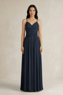 A - Line Pleated Spaghetti Strap Chiffon Bridesmaid Dress in Dark Navy - KISS BRIDAL Bridesmaid Dresses