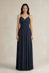 A - Line Pleated Spaghetti Strap Chiffon Bridesmaid Dress in Dark Navy - KISS BRIDAL Bridesmaid Dresses