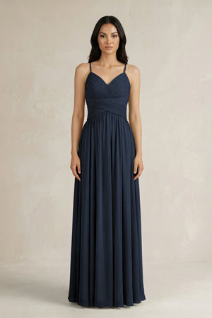 A - Line Pleated Spaghetti Strap Chiffon Bridesmaid Dress in Dark Navy - KISS BRIDAL Bridesmaid Dresses