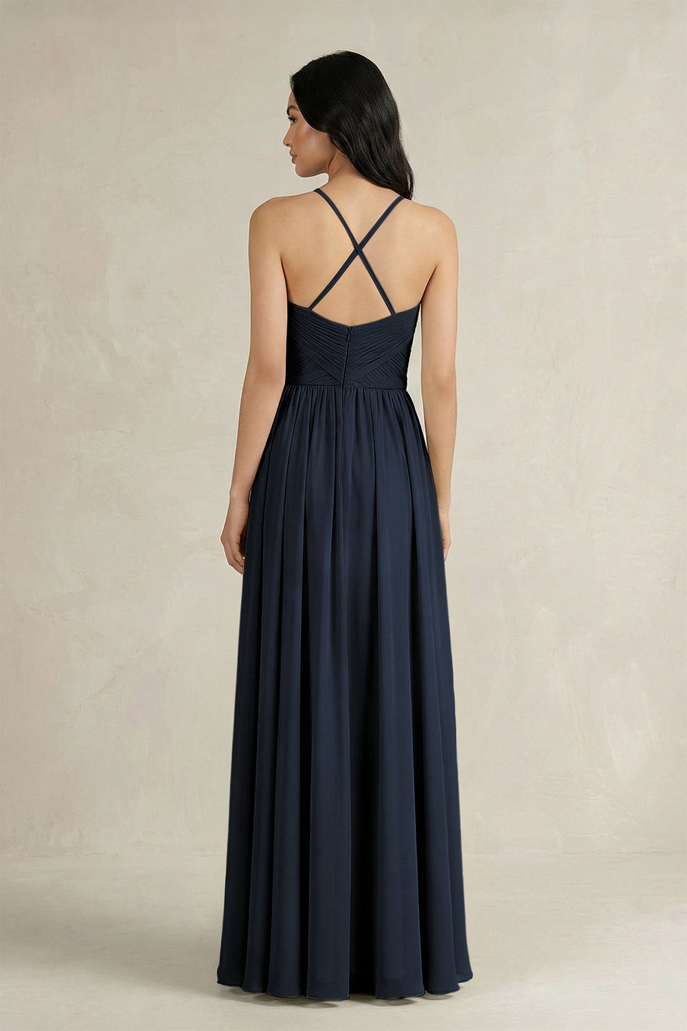 A - Line Pleated Spaghetti Strap Chiffon Bridesmaid Dress in Dark Navy - KISS BRIDAL Bridesmaid Dresses