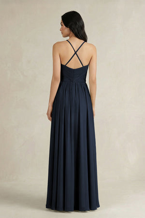 A - Line Pleated Spaghetti Strap Chiffon Bridesmaid Dress in Dark Navy - KISS BRIDAL Bridesmaid Dresses