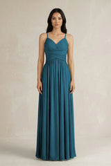 A - Line Pleated Spaghetti Strap Chiffon Bridesmaid Dress in Dark Teal - KISS BRIDAL Bridesmaid Dresses
