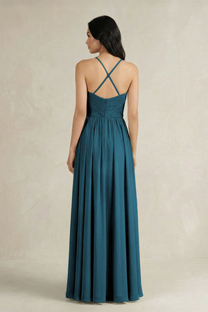 A - Line Pleated Spaghetti Strap Chiffon Bridesmaid Dress in Dark Teal - KISS BRIDAL Bridesmaid Dresses