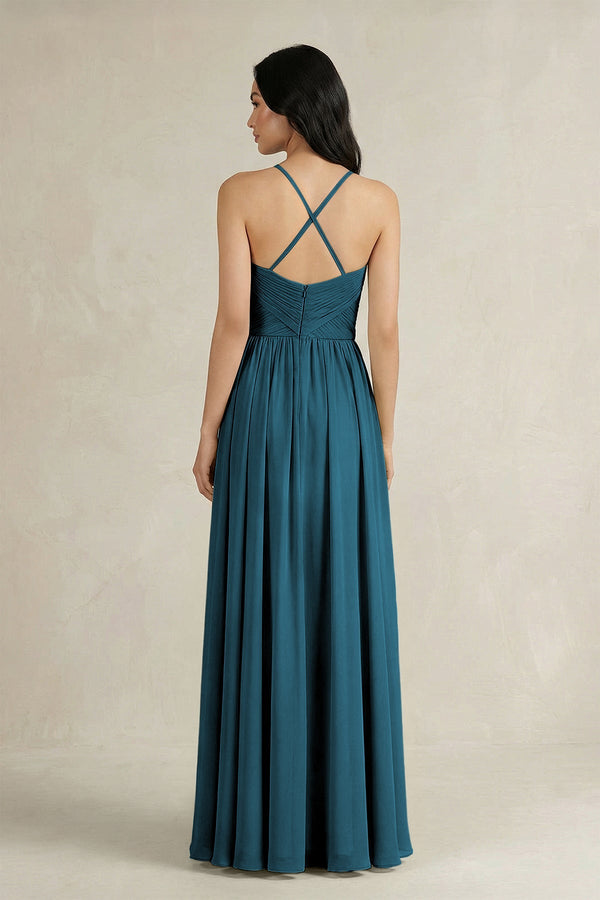 A - Line Pleated Spaghetti Strap Chiffon Bridesmaid Dress in Dark Teal - KISS BRIDAL Bridesmaid Dresses