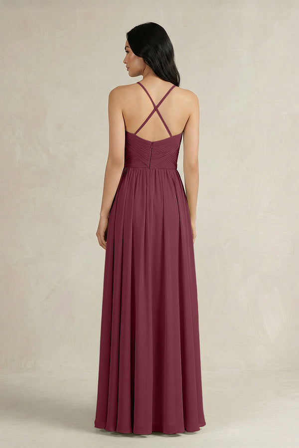 A-Line Pleated Spaghetti Strap Chiffon Bridesmaid Dress in Desert Rose (2) | KISSBRIDAL