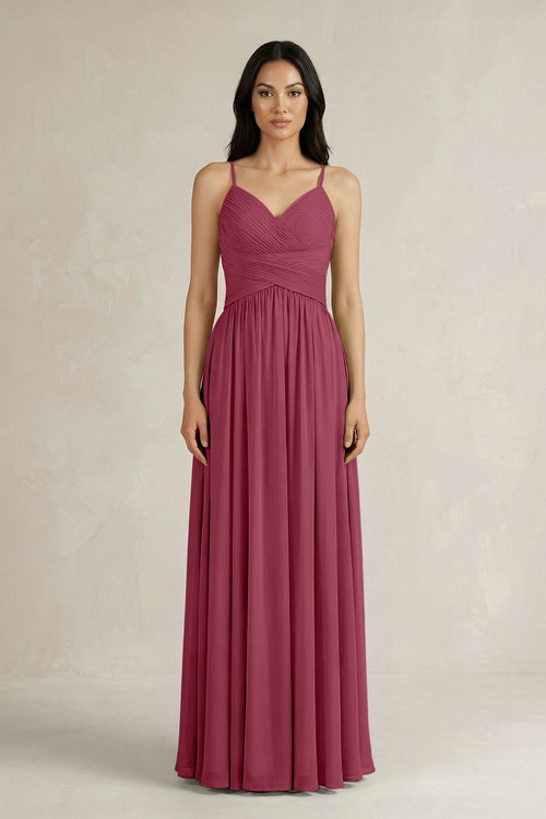A - Line Pleated Spaghetti Strap Chiffon Bridesmaid Dress in Desert Rose - KISS BRIDAL Bridesmaid Dresses