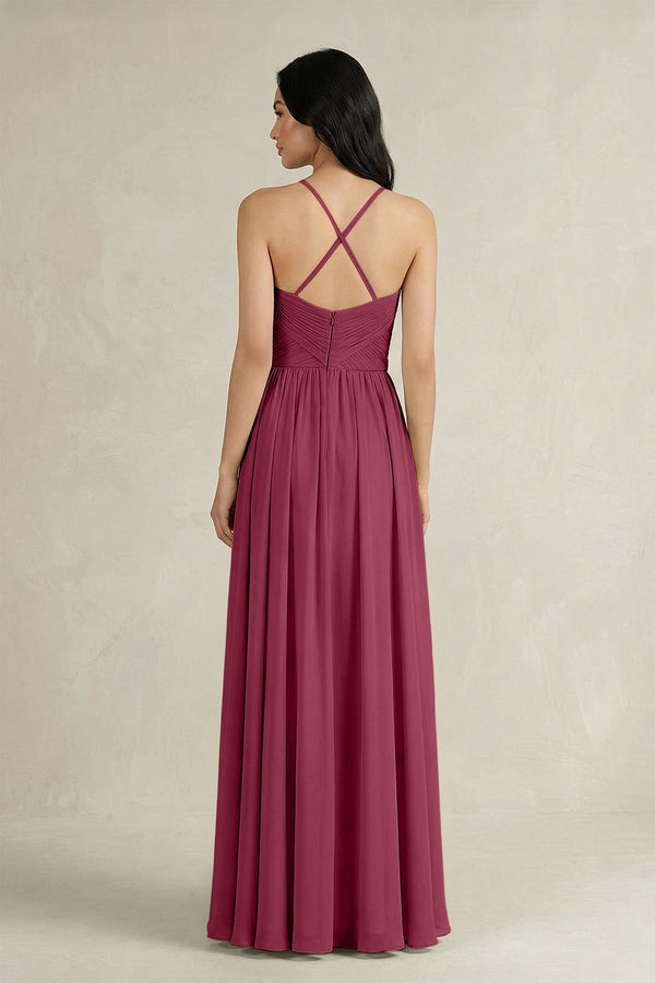 A - Line Pleated Spaghetti Strap Chiffon Bridesmaid Dress in Desert Rose - KISS BRIDAL Bridesmaid Dresses