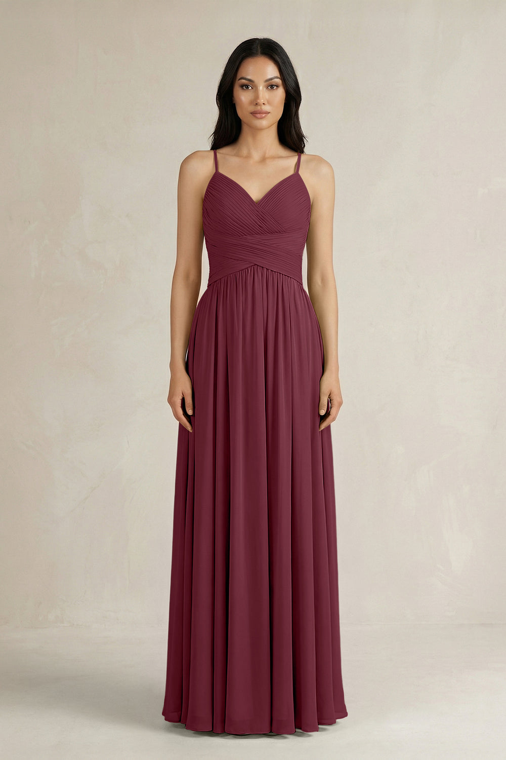 A-Line Pleated Spaghetti Strap Chiffon Bridesmaid Dress in Desert Rose
