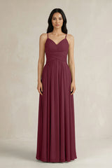A-Line Pleated Spaghetti Strap Chiffon Bridesmaid Dress in Desert Rose | KISSBRIDAL