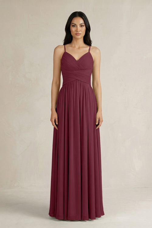 A-Line Pleated Spaghetti Strap Chiffon Bridesmaid Dress in Desert Rose | KISSBRIDAL