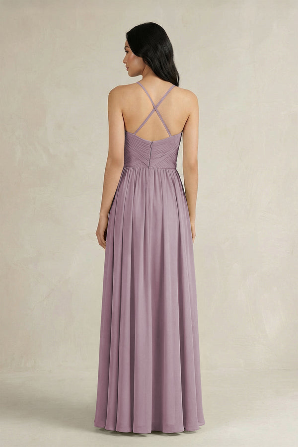 A - Line Pleated Spaghetti Strap Chiffon Bridesmaid Dress in Dusk - KISS BRIDAL Bridesmaid Dresses