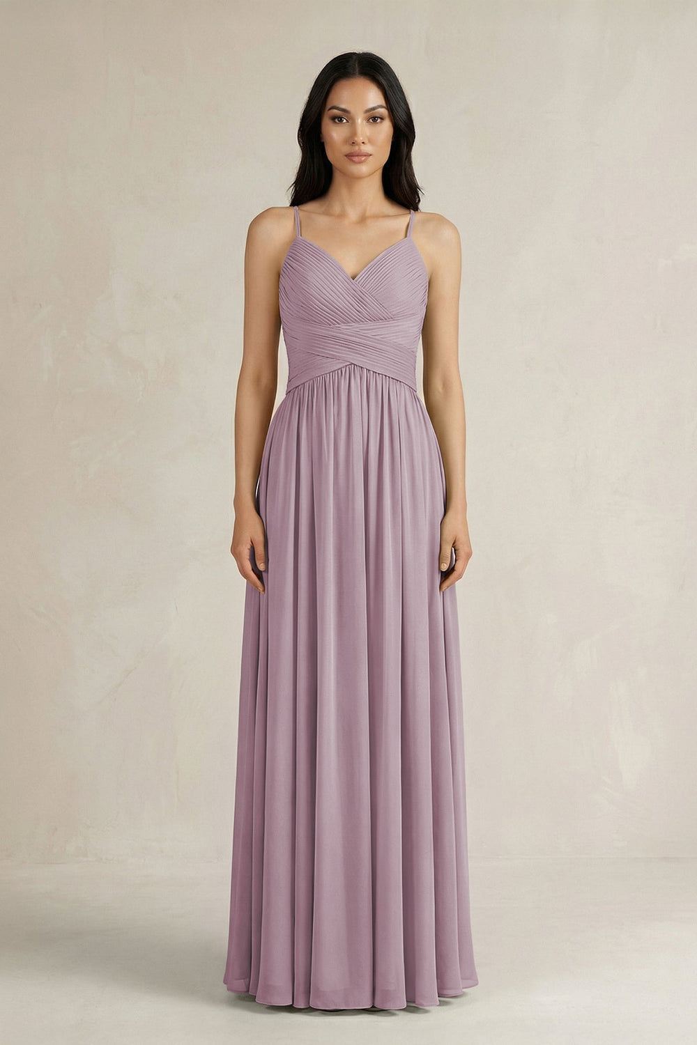 A - Line Pleated Spaghetti Strap Chiffon Bridesmaid Dress in Dusk - KISS BRIDAL Bridesmaid Dresses
