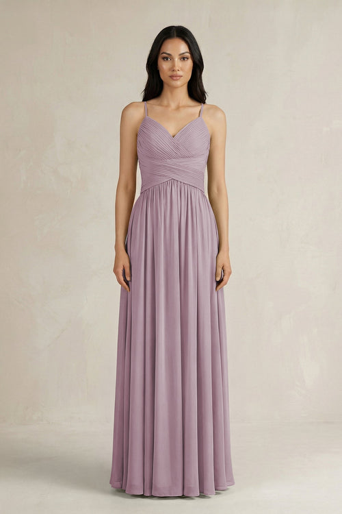 A - Line Pleated Spaghetti Strap Chiffon Bridesmaid Dress in Dusk - KISS BRIDAL Bridesmaid Dresses