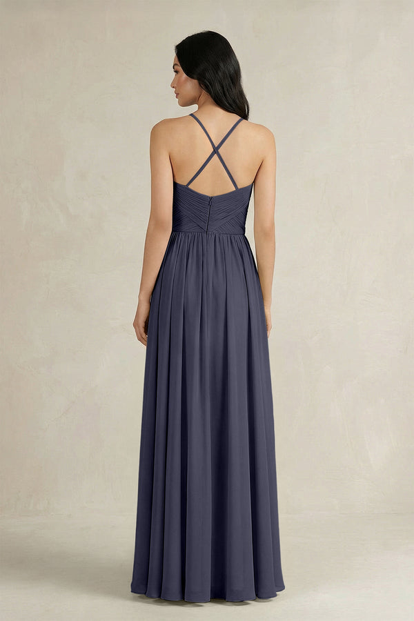 A - Line Pleated Spaghetti Strap Chiffon Bridesmaid Dress in Dusk Blue - KISS BRIDAL Bridesmaid Dresses