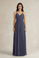 A - Line Pleated Spaghetti Strap Chiffon Bridesmaid Dress in Dusk Blue - KISS BRIDAL Bridesmaid Dresses