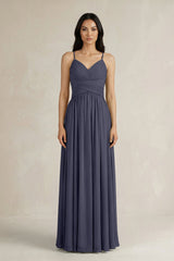 A - Line Pleated Spaghetti Strap Chiffon Bridesmaid Dress in Dusk Blue - KISS BRIDAL Bridesmaid Dresses