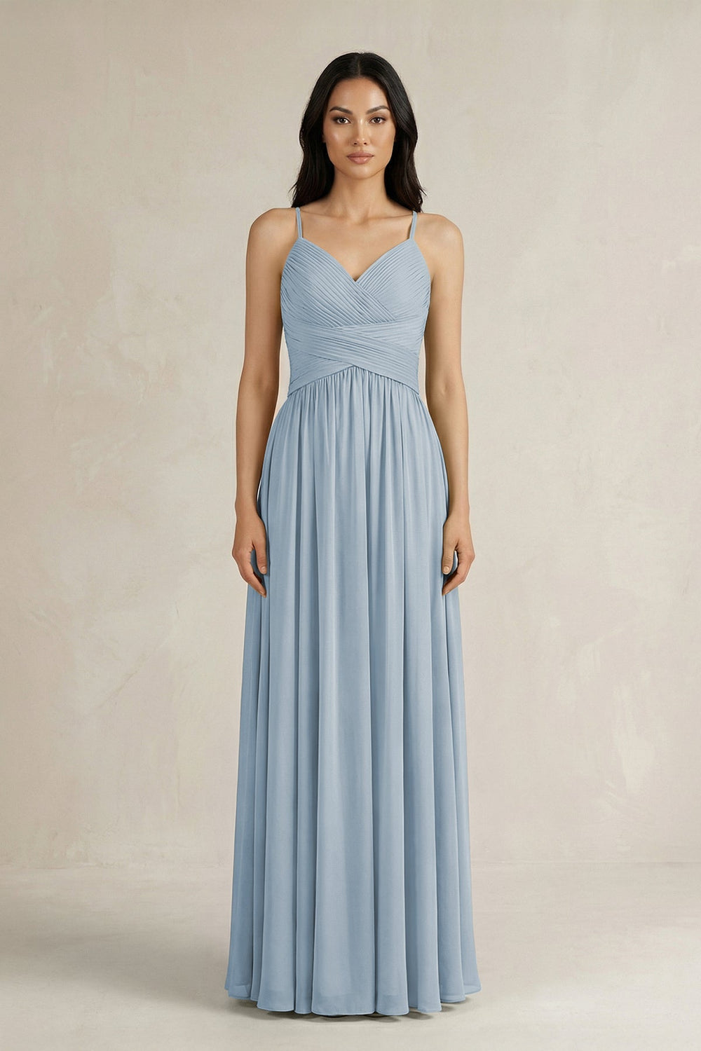 A - Line Pleated Spaghetti Strap Chiffon Bridesmaid Dress in Dusty Blue - KISS BRIDAL Bridesmaid Dresses