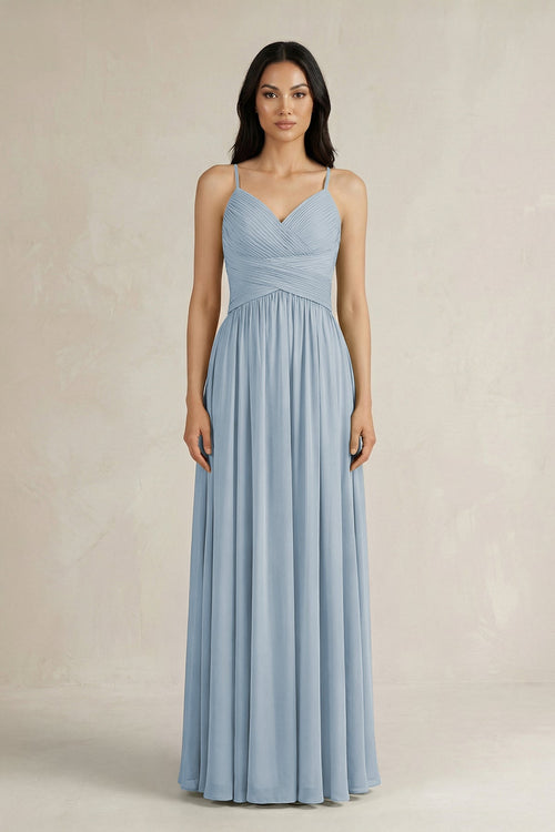 A - Line Pleated Spaghetti Strap Chiffon Bridesmaid Dress in Dusty Blue - KISS BRIDAL Bridesmaid Dresses