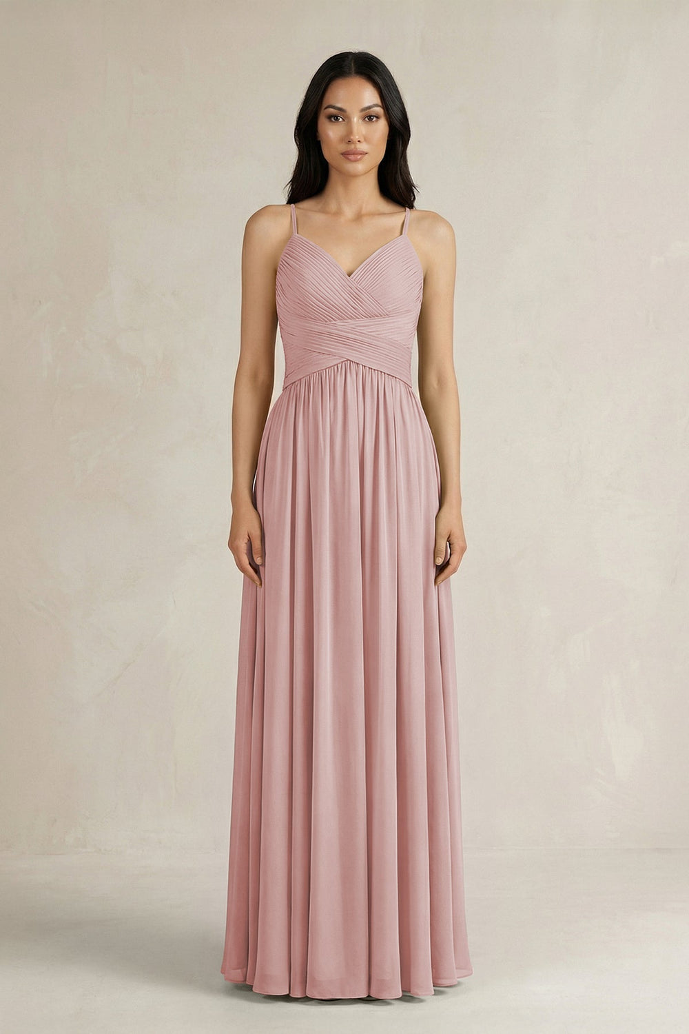 A - Line Pleated Spaghetti Strap Chiffon Bridesmaid Dress in Dusty Rose - KISS BRIDAL Bridesmaid Dresses
