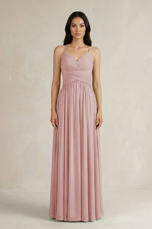 A - Line Pleated Spaghetti Strap Chiffon Bridesmaid Dress in Dusty Rose - KISS BRIDAL Bridesmaid Dresses