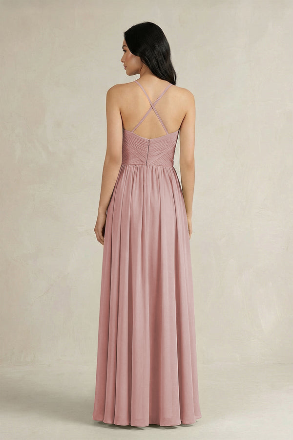 A - Line Pleated Spaghetti Strap Chiffon Bridesmaid Dress in Dusty Rose - KISS BRIDAL Bridesmaid Dresses