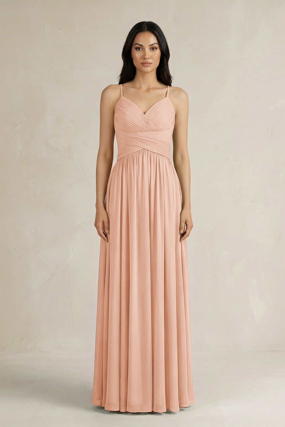 A - Line Pleated Spaghetti Strap Chiffon Bridesmaid Dress in English Rose - KISS BRIDAL Bridesmaid Dresses