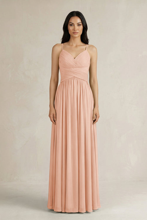 A - Line Pleated Spaghetti Strap Chiffon Bridesmaid Dress in English Rose - KISS BRIDAL Bridesmaid Dresses