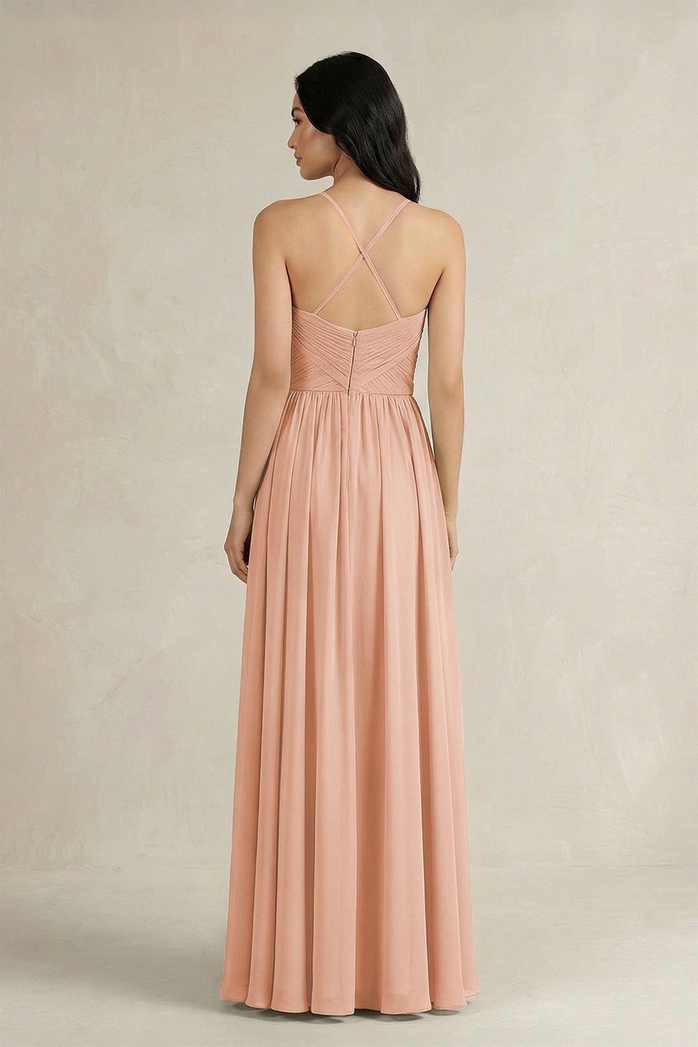 A - Line Pleated Spaghetti Strap Chiffon Bridesmaid Dress in English Rose - KISS BRIDAL Bridesmaid Dresses