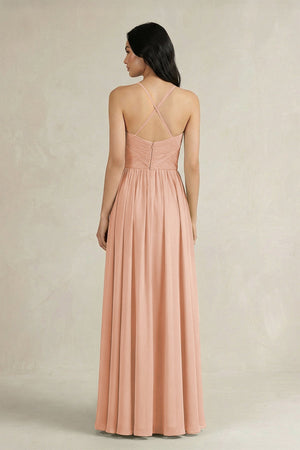 A - Line Pleated Spaghetti Strap Chiffon Bridesmaid Dress in English Rose - KISS BRIDAL Bridesmaid Dresses
