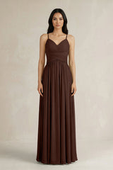 A - Line Pleated Spaghetti Strap Chiffon Bridesmaid Dress in Espresso - KISS BRIDAL Bridesmaid Dresses