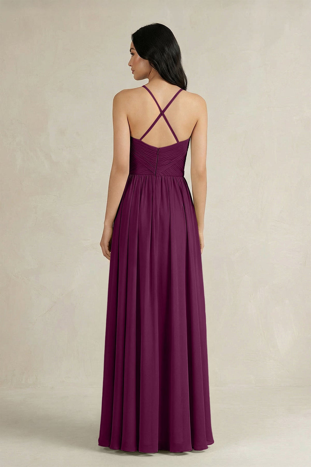A - Line Pleated Spaghetti Strap Chiffon Bridesmaid Dress in Fig - KISS BRIDAL Bridesmaid Dresses