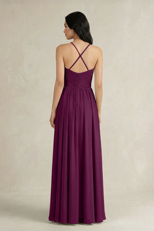 A - Line Pleated Spaghetti Strap Chiffon Bridesmaid Dress in Fig - KISS BRIDAL Bridesmaid Dresses