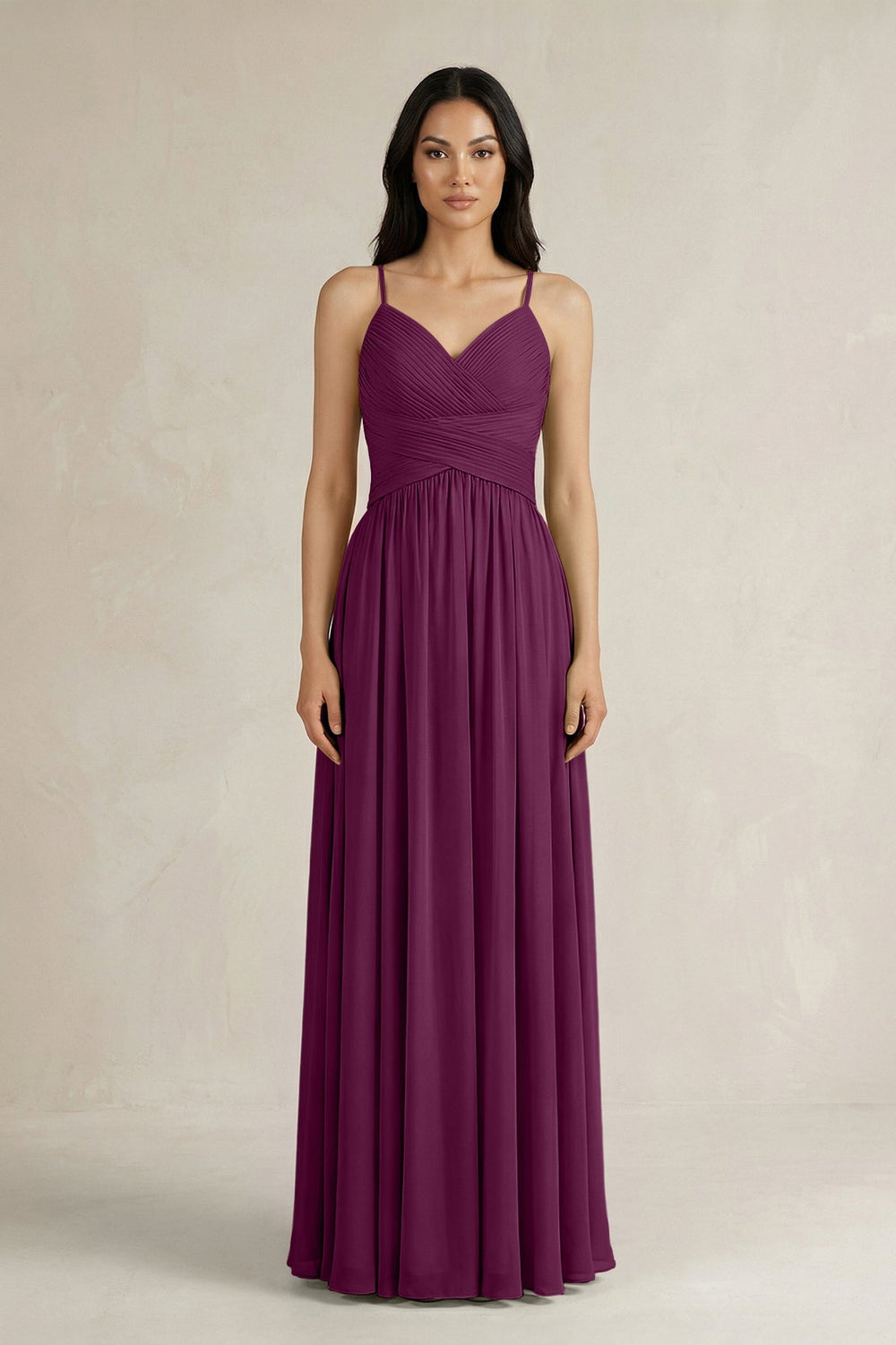 A - Line Pleated Spaghetti Strap Chiffon Bridesmaid Dress in Fig - KISS BRIDAL Bridesmaid Dresses