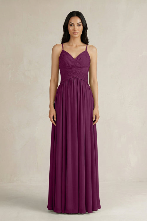 A - Line Pleated Spaghetti Strap Chiffon Bridesmaid Dress in Fig - KISS BRIDAL Bridesmaid Dresses