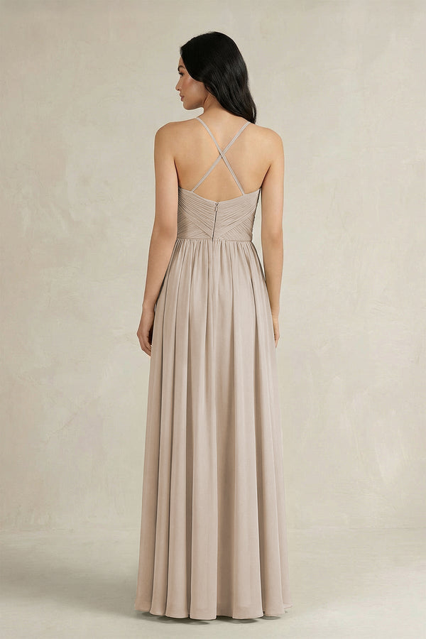 A - Line Pleated Spaghetti Strap Chiffon Bridesmaid Dress in Frost - KISS BRIDAL Bridesmaid Dresses