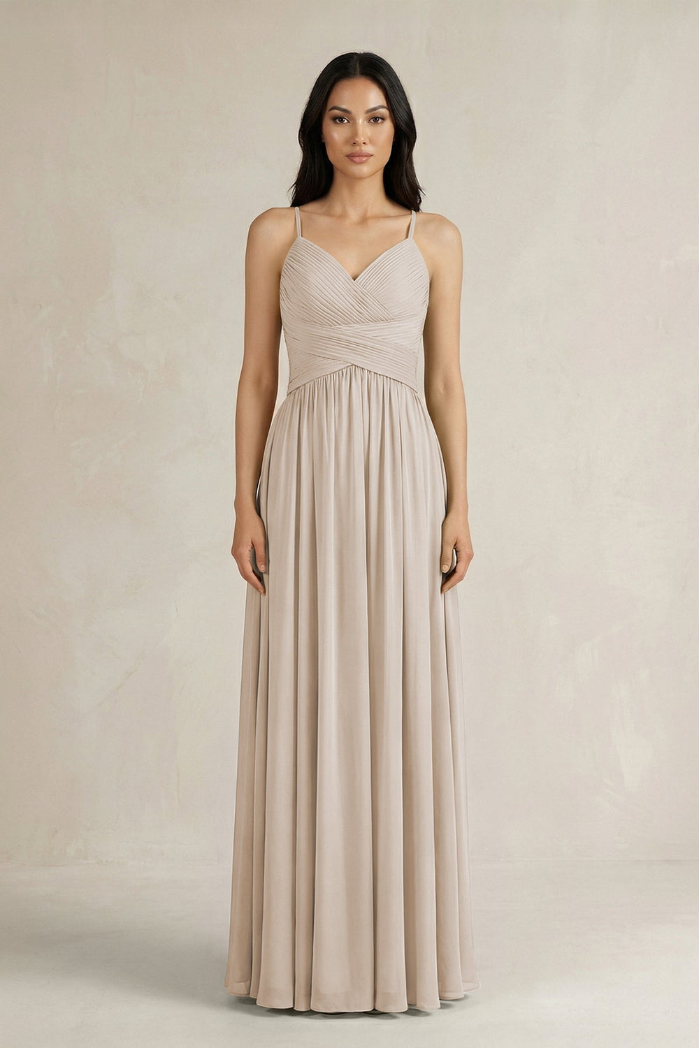 A - Line Pleated Spaghetti Strap Chiffon Bridesmaid Dress in Frost - KISS BRIDAL Bridesmaid Dresses