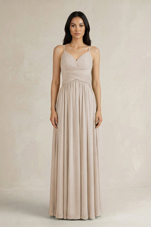 A - Line Pleated Spaghetti Strap Chiffon Bridesmaid Dress in Frost - KISS BRIDAL Bridesmaid Dresses
