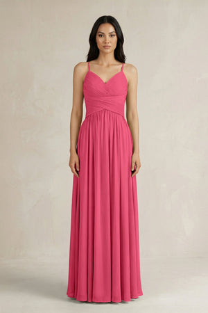 A - Line Pleated Spaghetti Strap Chiffon Bridesmaid Dress in Fuchsia - KISS BRIDAL Bridesmaid Dresses
