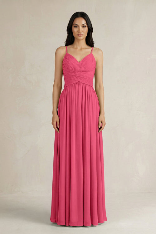 A - Line Pleated Spaghetti Strap Chiffon Bridesmaid Dress in Fuchsia - KISS BRIDAL Bridesmaid Dresses