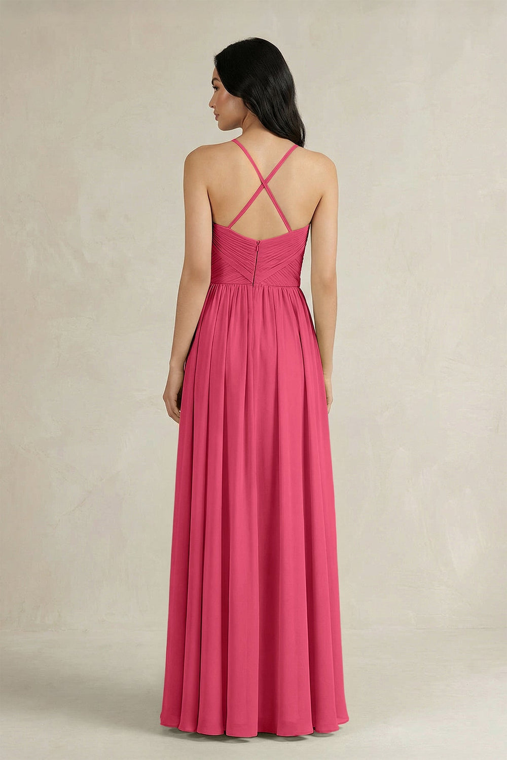 A - Line Pleated Spaghetti Strap Chiffon Bridesmaid Dress in Fuchsia - KISS BRIDAL Bridesmaid Dresses