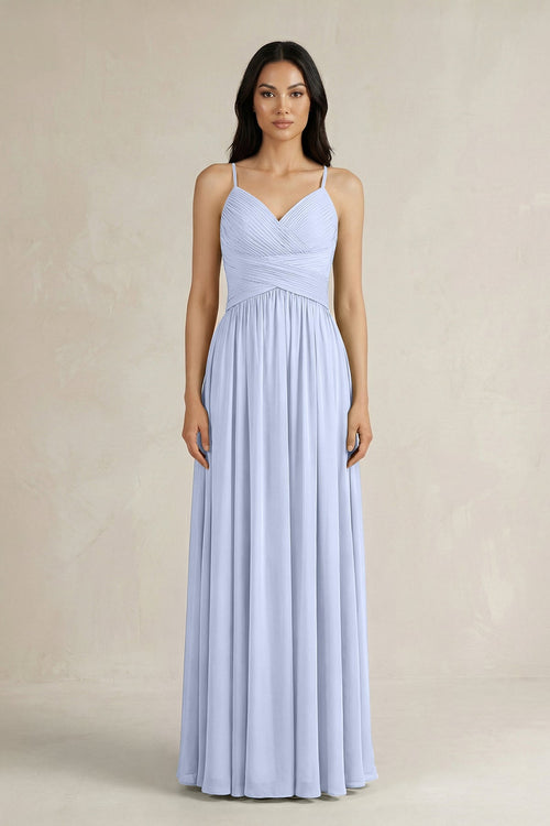A - Line Pleated Spaghetti Strap Chiffon Bridesmaid Dress in Ice - KISS BRIDAL Bridesmaid Dresses