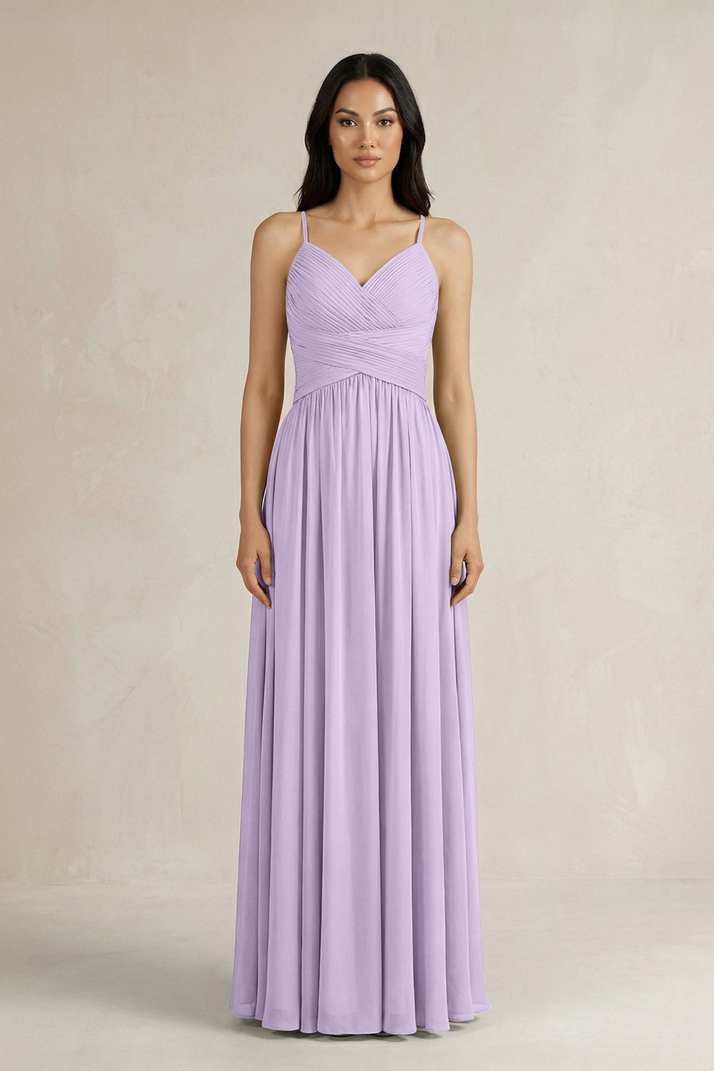 A - Line Pleated Spaghetti Strap Chiffon Bridesmaid Dress in Lavender - KISS BRIDAL Bridesmaid Dresses