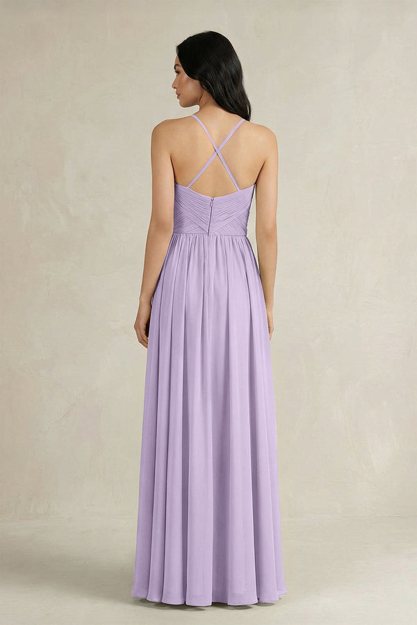 A - Line Pleated Spaghetti Strap Chiffon Bridesmaid Dress in Lavender - KISS BRIDAL Bridesmaid Dresses