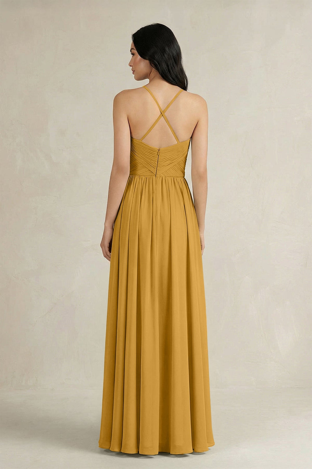 A - Line Pleated Spaghetti Strap Chiffon Bridesmaid Dress in Marigold - KISS BRIDAL Bridesmaid Dresses