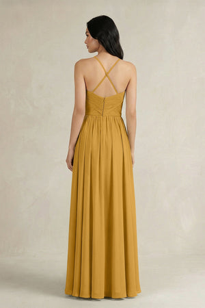 A - Line Pleated Spaghetti Strap Chiffon Bridesmaid Dress in Marigold - KISS BRIDAL Bridesmaid Dresses
