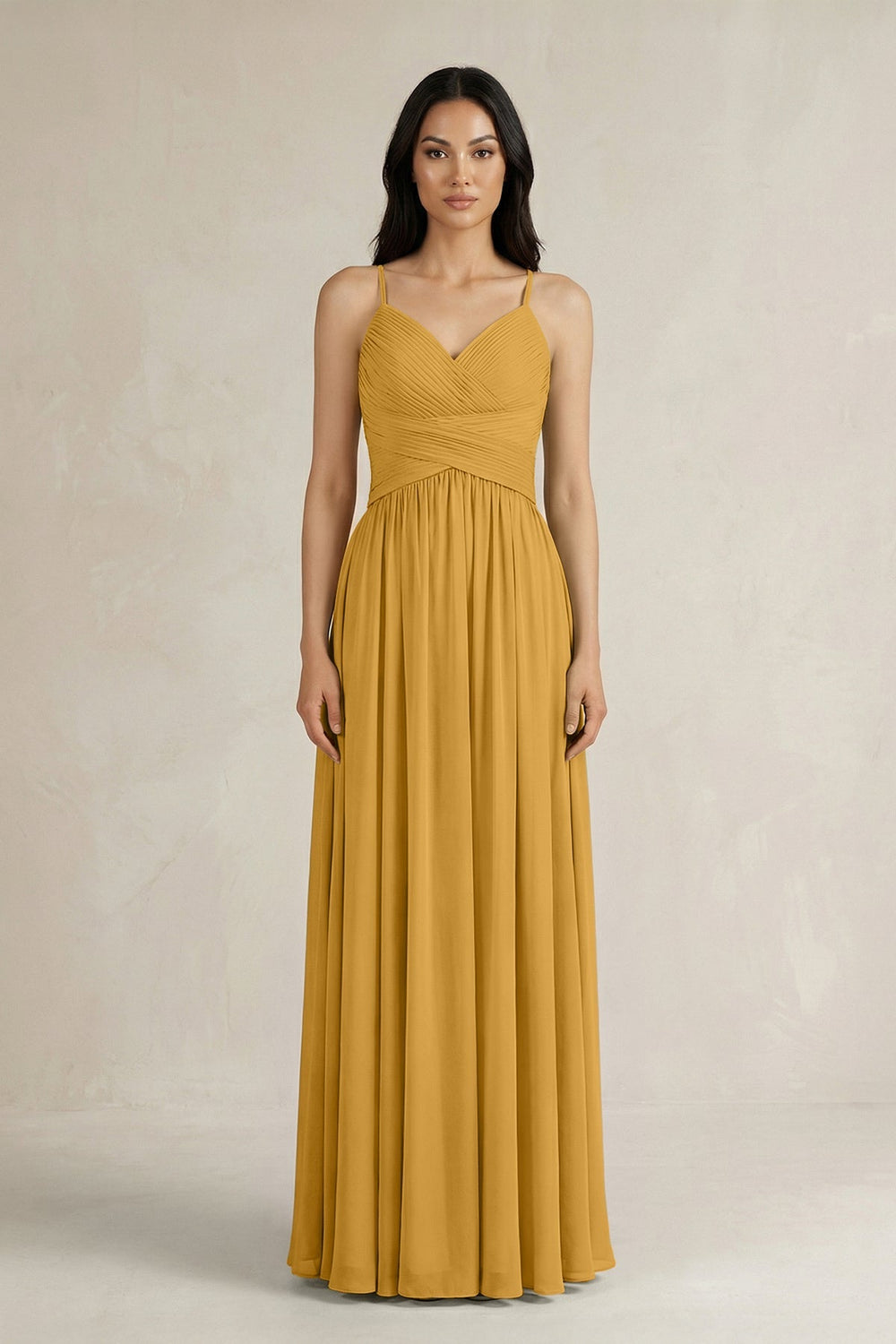 A - Line Pleated Spaghetti Strap Chiffon Bridesmaid Dress in Marigold - KISS BRIDAL Bridesmaid Dresses