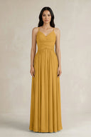 A - Line Pleated Spaghetti Strap Chiffon Bridesmaid Dress in Marigold - KISS BRIDAL Bridesmaid Dresses