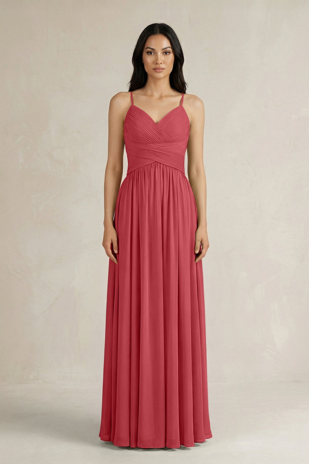 A - Line Pleated Spaghetti Strap Chiffon Bridesmaid Dress in Merlot - KISS BRIDAL Bridesmaid Dresses