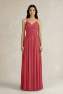 A - Line Pleated Spaghetti Strap Chiffon Bridesmaid Dress in Merlot - KISS BRIDAL Bridesmaid Dresses